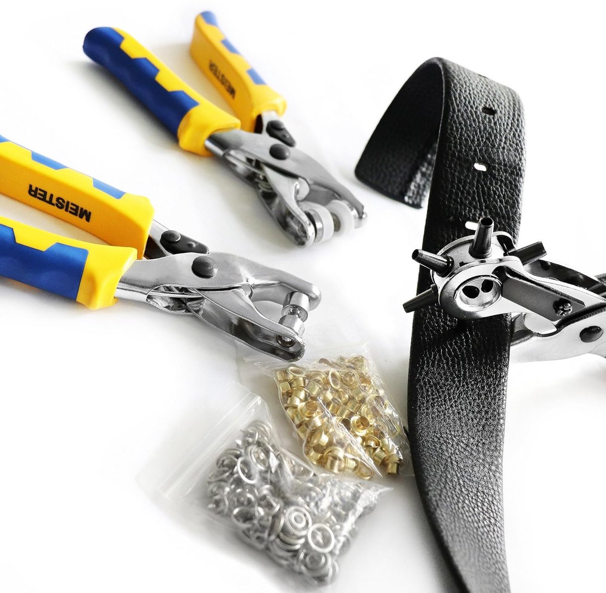 Draaibare Ponstangset met Oogtang en Drukknoptang - 6 Ponsen 2-4,5 mm, 100 Ogen 4 mm, 25 Drukknopen 9 mm, Chroom-Vanadiumstaal, Anti-slip Handgrepen