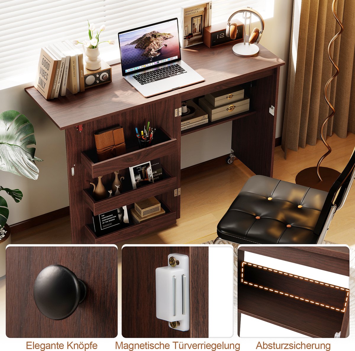 Costway 2-in-1 naaitafel inklapbaar met laadstation, houten naaimachinekast met planken, naaikast met afsluitbare wielen, naaimachinetafel, knutseltafel voor woonkamer, slaapkamer (koffie)