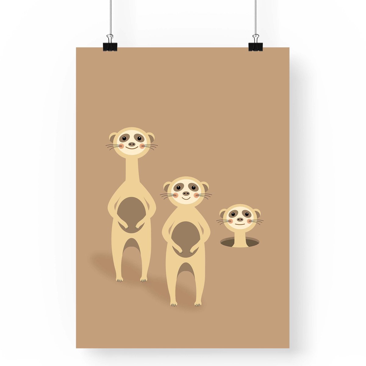 Artprint Stokstaartjes - Vrolijke illustratie in A4 formaat - Poster 3 nieuwsgierige stokstaartjes - Baby- en Kinderkamer
