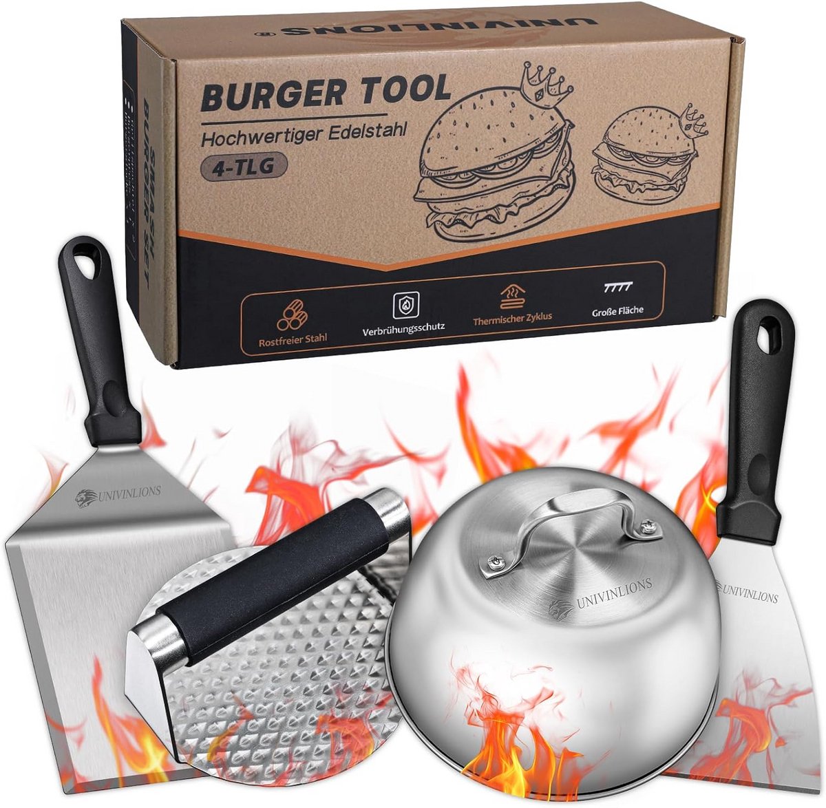 4-delige Smash Burger Set - Roestvrijstalen Hamburgerpers, Bel & Grillspatel