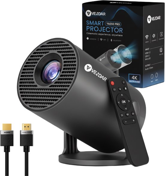 Vendar YA350 Pro Mini Beamer 1080p Full HD 350 ANSI Lumen Android 14 WiFi 6 Bluetooth 5.4 HDMI USB zwart