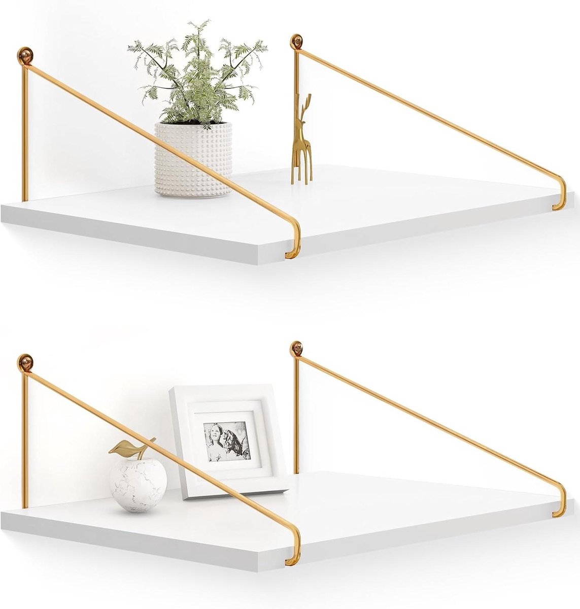 Ronte - Zwevende planken wit houten wandplank met gouden beugel - set van 2, wandorganizer voor slaapkamer, badkamer, woonkamer en keuken - 30 cm diep