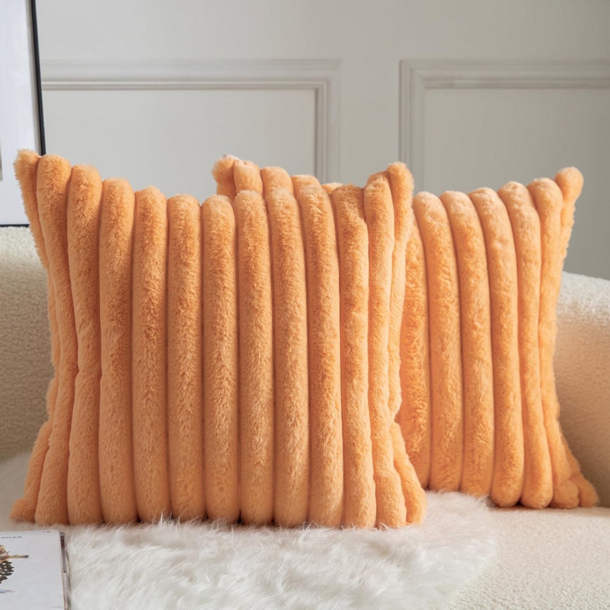 BOG Set Van 2 Kussenhoezen - Gestreept Imitatiebont - Super Zacht Kussen - Pluche Moderne Kussenhoes Decoratie Voor Bank Woonkamer Slaapkamer - 66 X 66 Cm Oranje