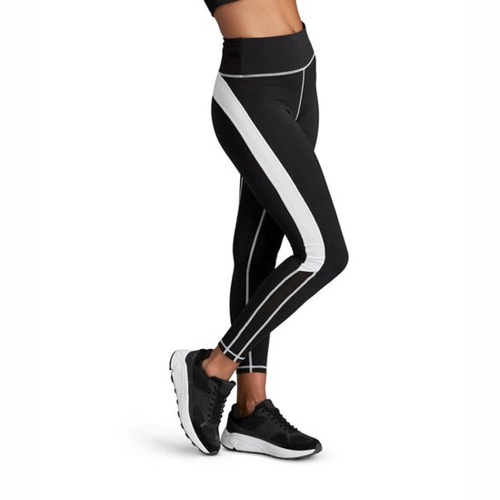 Zwarte legging met witte biezen en een witte baan op de zijkant van het rechterbeen, met mesh inzetstukken onderaan.