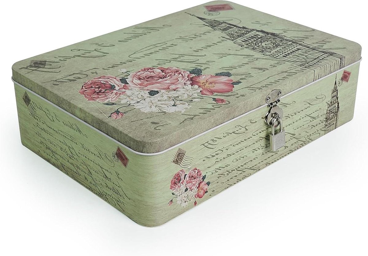Ronte - Metalen Vintage Opbergdoos voor Medicijnen en Fotokoekjes, Geheime Geldcontainer en EHBO-doos, Met Dekselslot - Toren + Bloem Design - 31,5 x 22,4 x 8,6 cm.