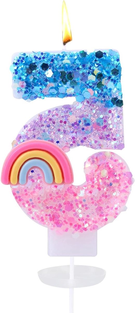 Ronte - Regenboog Cijferkaarsen Nummer 5 Taarttoppers Cupcake Decoraties Themafeest Cartoon