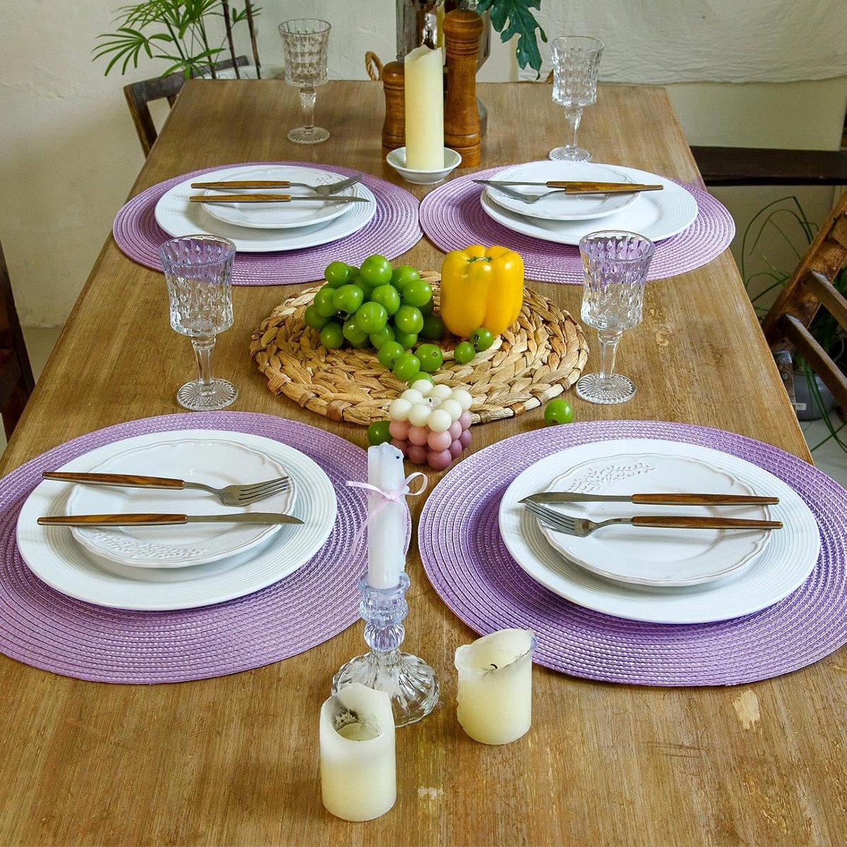 Ronde gevlochten placemat set 8 stuks 38 cm lavendelblauw