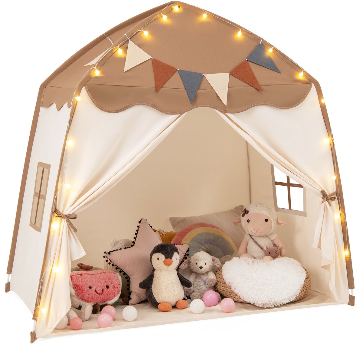 COSTWAY Speelhuisje voor kinderen, kindertent met vlaggen en lichtkettingen, prinsessenspeeltent, grote tent voor kinderkamer voor jongens en meisjes vanaf 3 jaar, 157 x 98 x 148 cm (bruin)