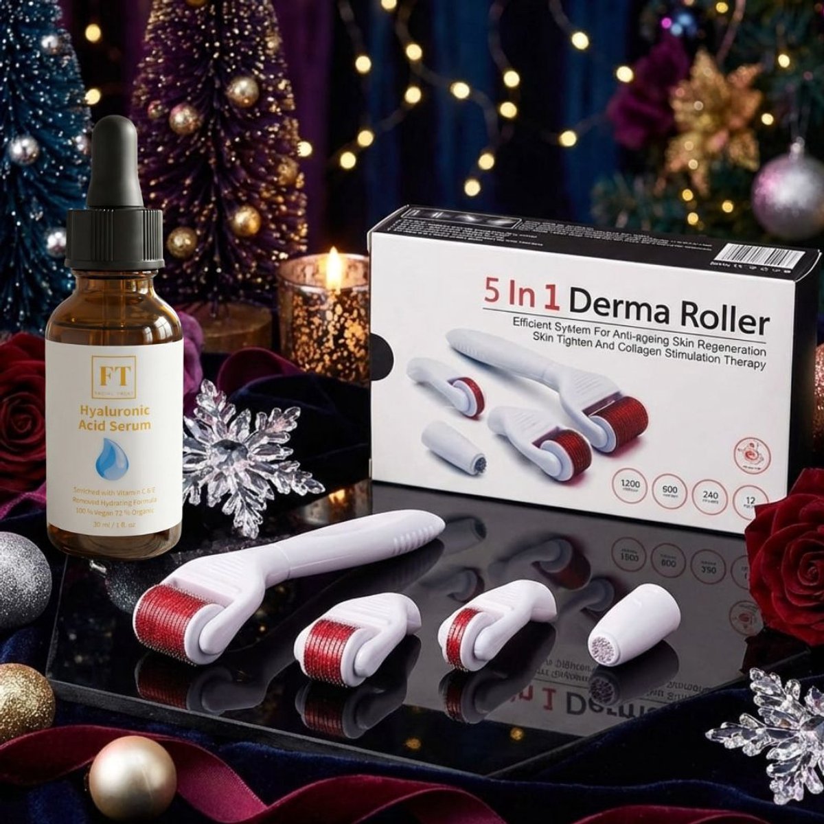 Dermaroller Microneedling - 5 in 1 SET Gezichtsroller + Hyaluronzuur Serum 30 ml - Oogroller - Bodyroller - Dermastamp - Collageenbooster - Verbetert de Huid Conditie - Stimuleert Haargroei - Inclusief Reinigingsbakje