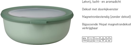 Boîte de conservation ronde vert clair avec couvercle transparent et bordure verte.