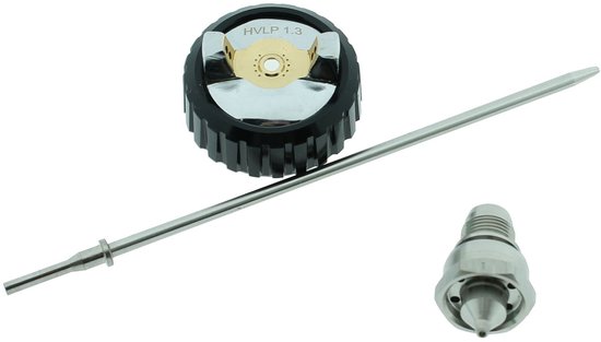 HVLP 1.3 spuitkop met goudkleurige afwerking, lang opvoerpijpje en spuitmond.