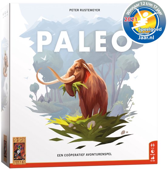 Doos van het bordspel Paleo met een mammoet die gras eet, in een prehistorische omgeving. Winnaar 'Speelgoed van het Jaar 2021'.