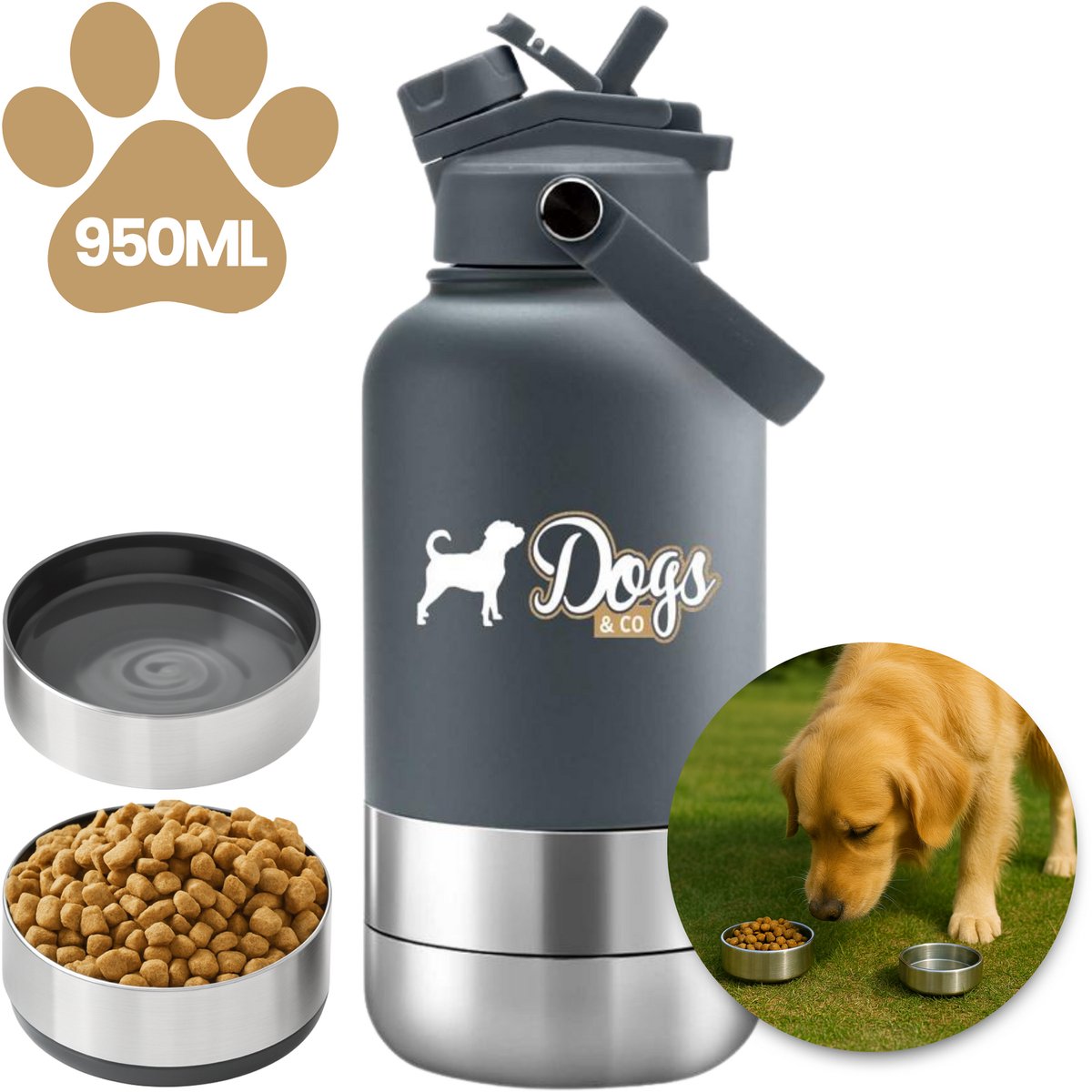 Dogs&Co® Geïsoleerde Draagbare Drinkfles - 950ML - Grijs - Dogs&Co® Geïsoleerde Draagbare Drinkfles 950ML - 4-in-1 Draagbare Drinkfles / Voerbak voor Honden en Katten - Inclusief Voerbak & Waterbak - Roestvrij Staal & BPA-vrij