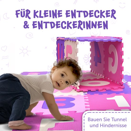 Tapis Puzzle 10 Pièces En EVA Antidérapant – 30x30x1 Cm – Chiffres Et Lettres, Jeu D'Éveil Pour Enfants (Pink Papaya Toys)