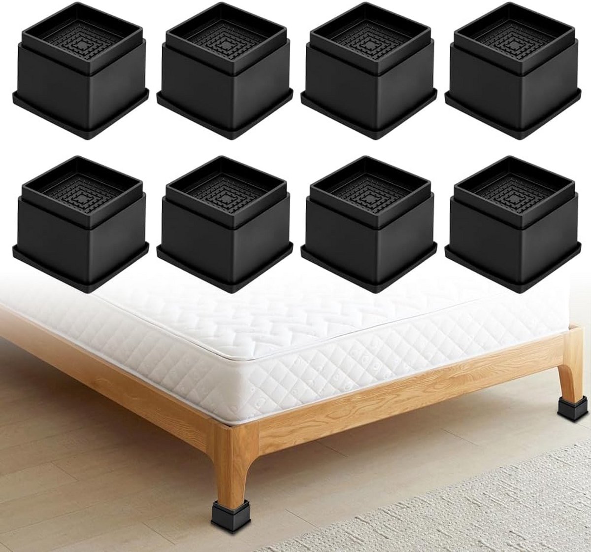 Meubelverhogingen Zwart 7.5x7.5x6 cm 8 Stuks – Verstelbare en Stapelbare Tafel- en Bedverhoger voor Hoge Meubels – Antislip ABS Kunststof