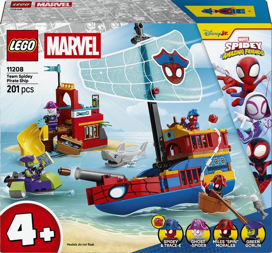 Bateau pirate LEGO Spidey avec figurines Spidey, Ghost-Spider, Miles Morales et Green Goblin.