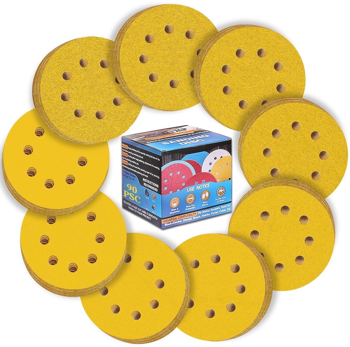 Sanding Discs 125mm - 90 Stuks Velcro Schuurpapier met 8 Gaten - Diverse Korrelgroottes voor Excentrische Schuurmachine