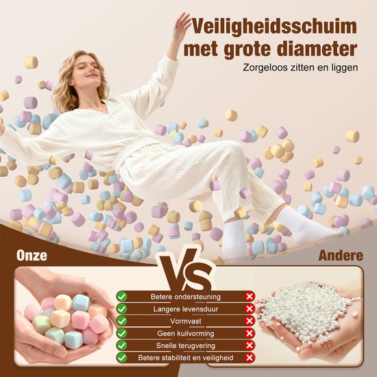 Vrouw zweeft tussen zachte, gekleurde schuimblokken. Vergelijking 'Onze' vs 'Andere' schuim.