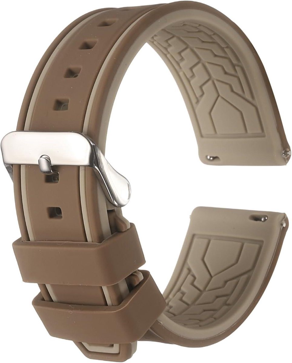 Allecta - Siliconen horlogeband 22mm breed | Zacht en snel sluitend | Rubberen band met zilveren gesp | Donkerbruin | Unisex | Geen edelsteen