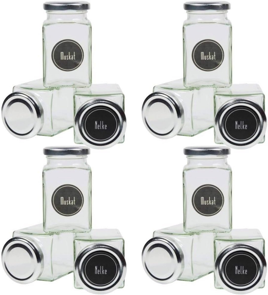 12 vierkante kruidenpotjes met 24 etiketten - 260 ml - Deksels in zilver