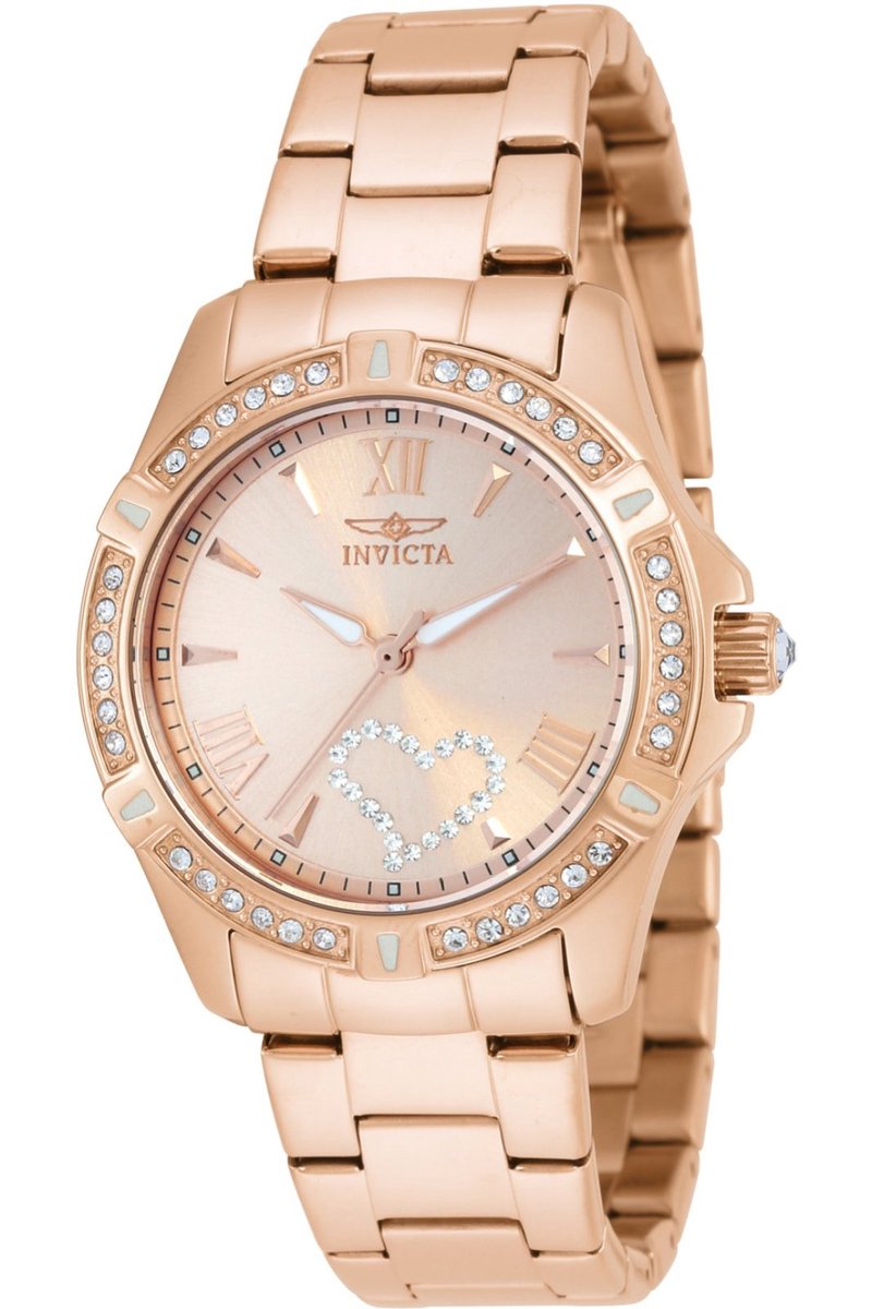 Invicta Angel 21417 Dames Horloge - Waterdicht - Analoog - Quartz Uurwerk - Roestvrij Staal met rosegouden Wijzerplaat - 34mm