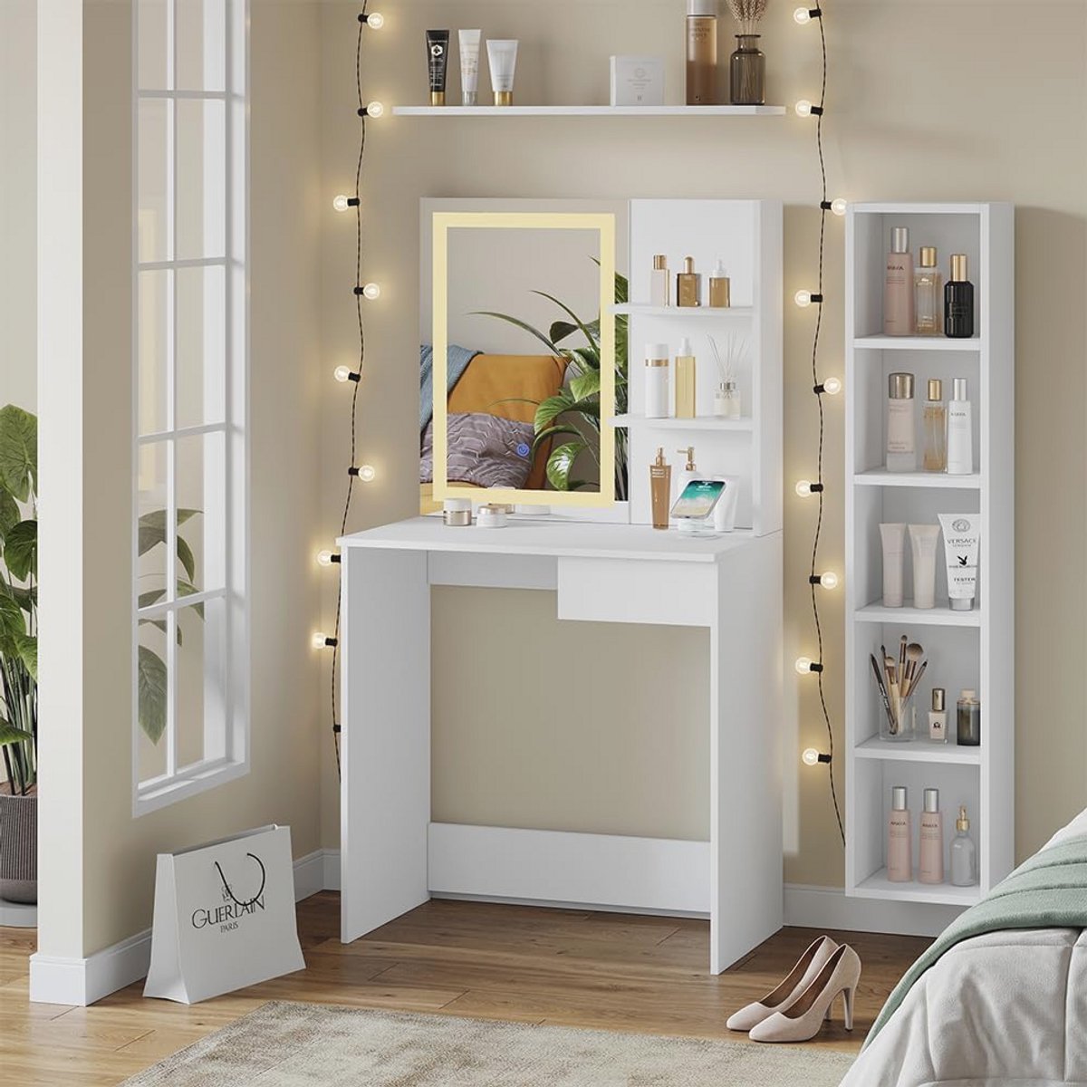 Makeup tafelset met LED spiegel en kruk - Wit 75 cm - Stijlvol en Functioneel