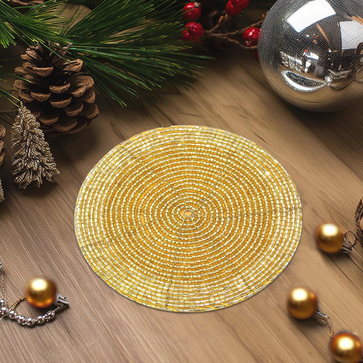 Handgemaakte Kralen Onderzetters Set van 8 - Goud, 4 Inch Rond