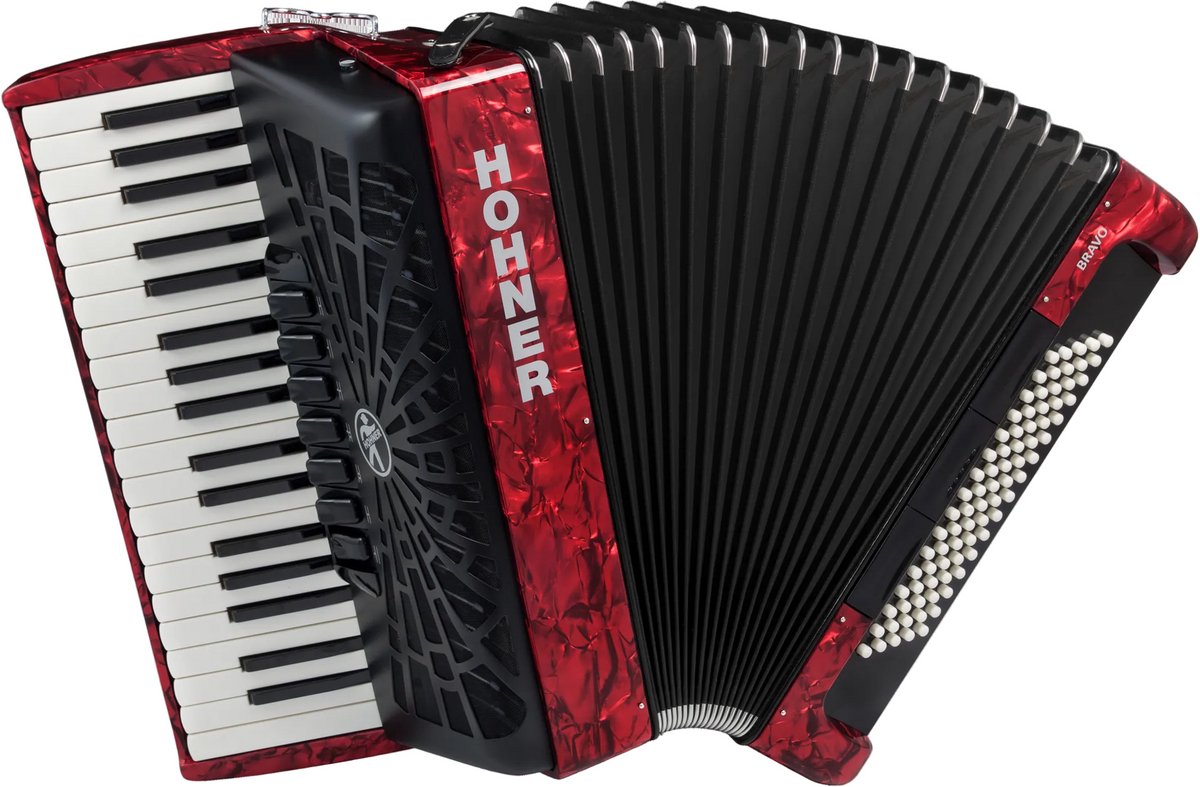 HOHNER A16432 Bravo III 80 Accordeon Rood – 37 toetsen, 80 bassen, Silent Key, met gigbag en draagriem