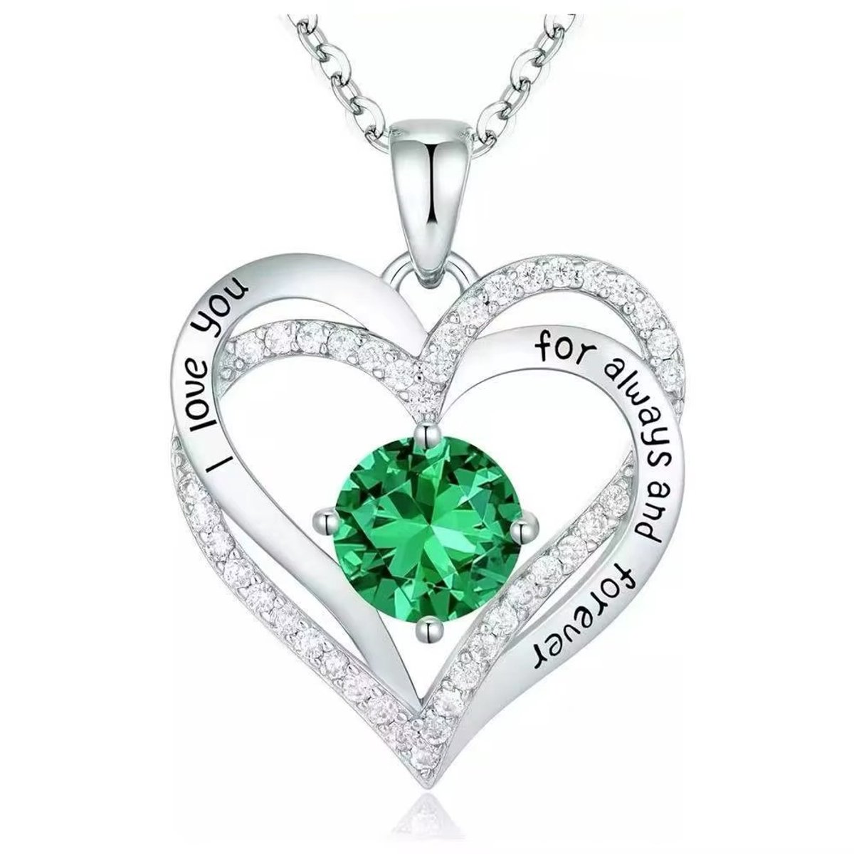 Lumici® | Hart in Hart v2 - I Love You Ketting - ''For Always And Forever'' - Stainless Steel Sieraden - RVS - Hartjes Ketting - Cadeau Voor Vrouwen - Moederdag Cadeau - Dames Ketting - Collier - Valentijn - Liefde - Zilver - Groene Steen