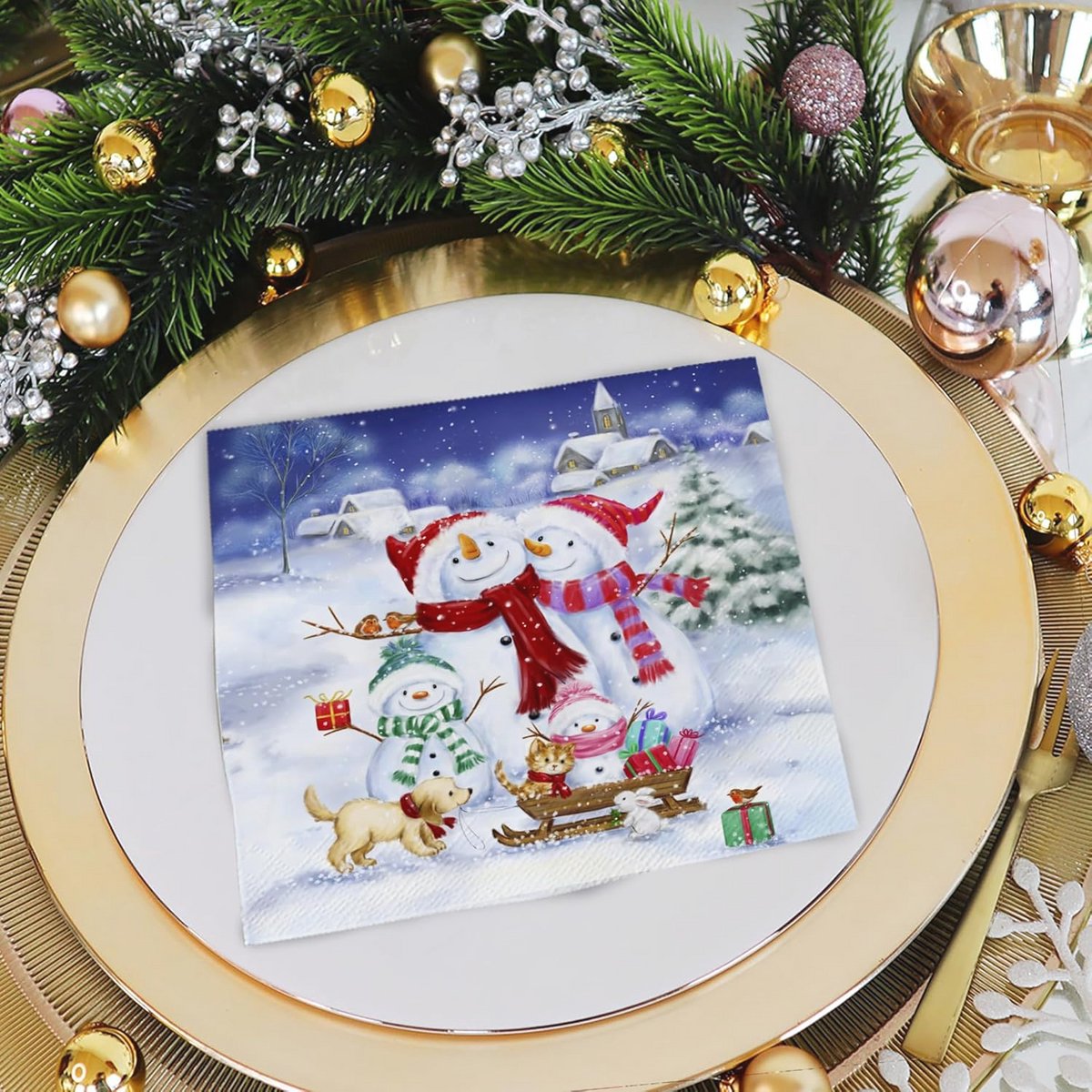 Servetten met Sneeuwpop en Dieren - Papieren Tafeldecoratie voor Kerstmis