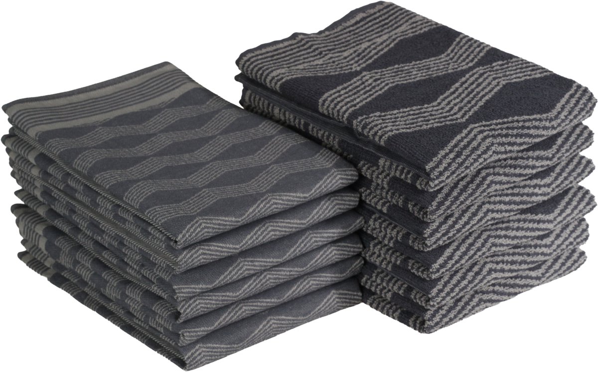 DoubleDry Theedoeken en Keukendoeken Set - 12 Stuks - 100% Katoen - Hoge Absorptie & Duurzaam - Graphic, Grijs