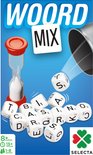 Doos "WOORD MIX" met zandloper, dobbelstenen met letters en beker. Vanaf 8 jaar, 1-8 spelers.
