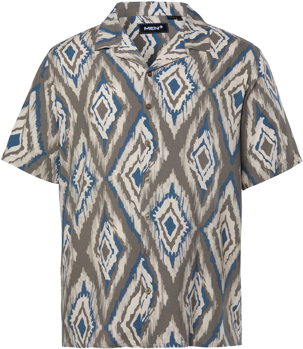 Men Plus - Heren - Overhemd korte mouwen minimalistisch patroon Cubaanse kraag - Donkertaupe - Maat L