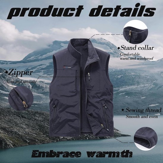 Donkerblauwe bodywarmer met opstaande kraag, ritssluiting en zakken. Toont productdetails zoals rits en naaigaren.