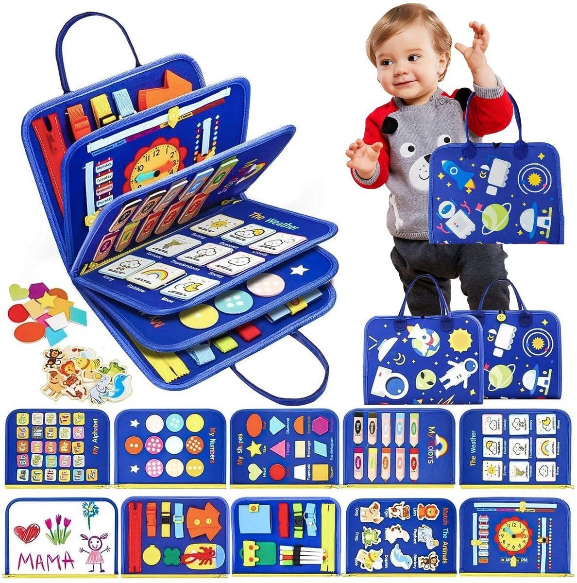 Busy Board voor peuters, 20-in-1 Montessori-sensorisch speelgoed, reisspeelgoed voor het leren van fijne motoriek, educatief speelgoed voor kleuters, cadeau, voor jongens en meisjes, 1 stuk