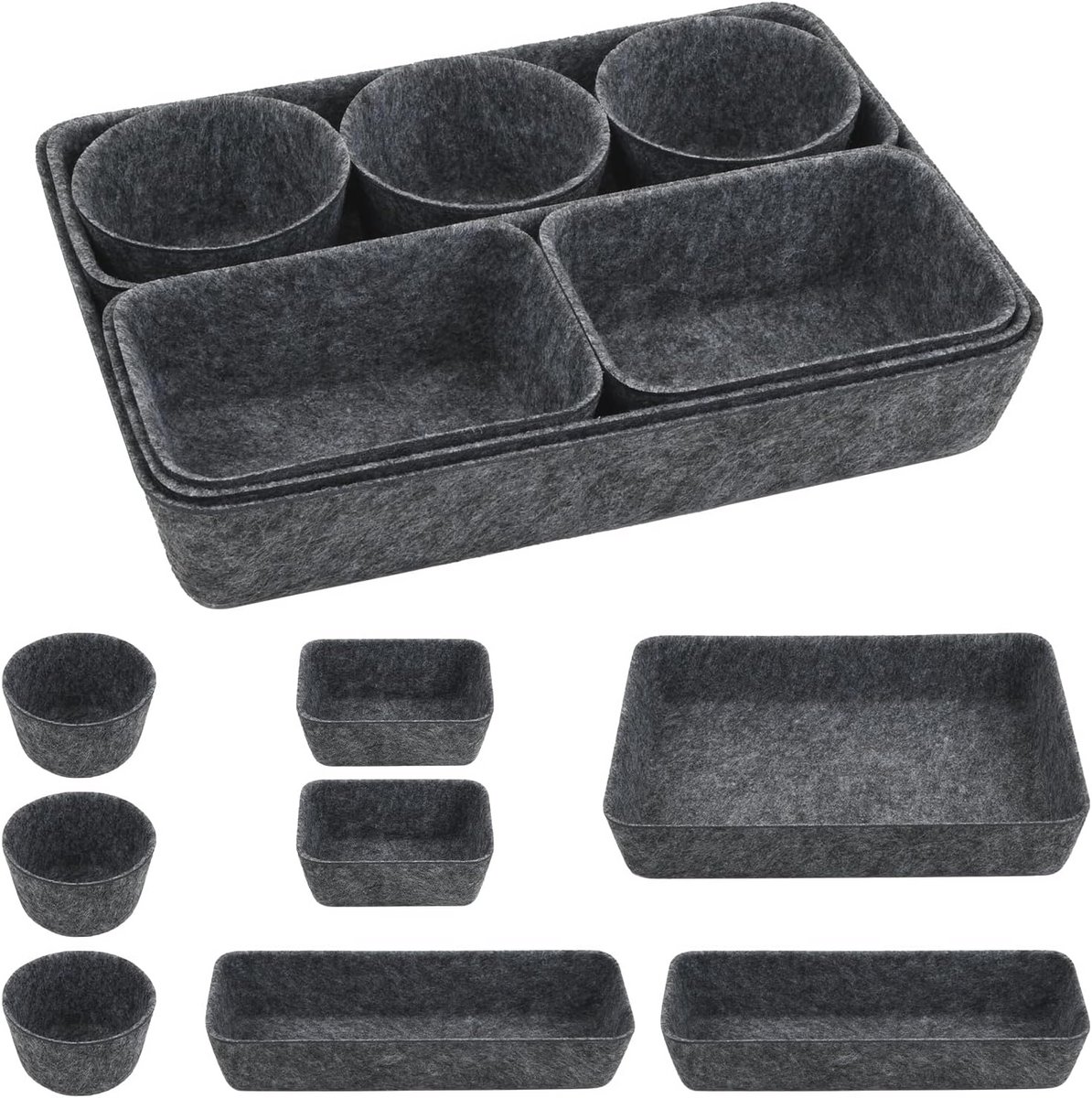 Set van 8 modulaire vilten lade-organizers voor een opgeruimd huis