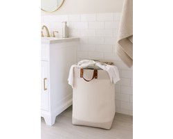 Webzon – Wasmand – Wasmanden – Wasmand inklapbaar – Opvouwbare Wasmand – 30 × 35 × 55 cm – Engels design – Jute stof met leren handvatten – Opbergmand – Opvouwbaar en ruimtebesparend – Glanzend beige