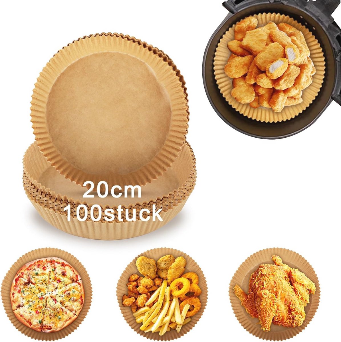 Bakpapier voor airfryer en oven - 20 cm, 100 vellen voor eenvoudige bereiding