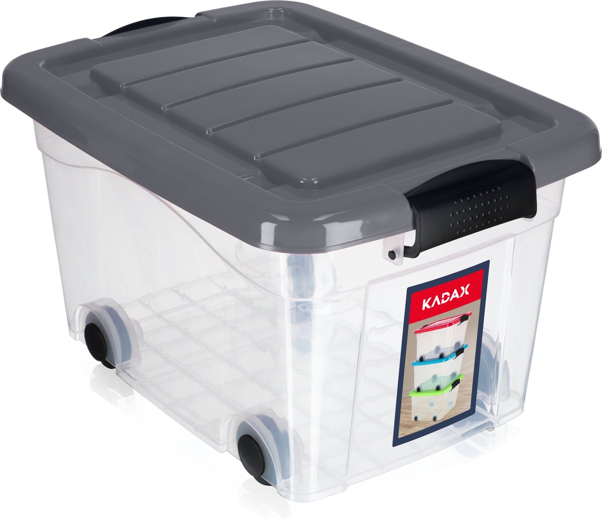 KADAX Kunststof container met wieltjes, opbergdoos van kunststof, organizer met deksel, clipbox voor speelgoed, opbergdoos met kliksluiting (20 l, grijs)