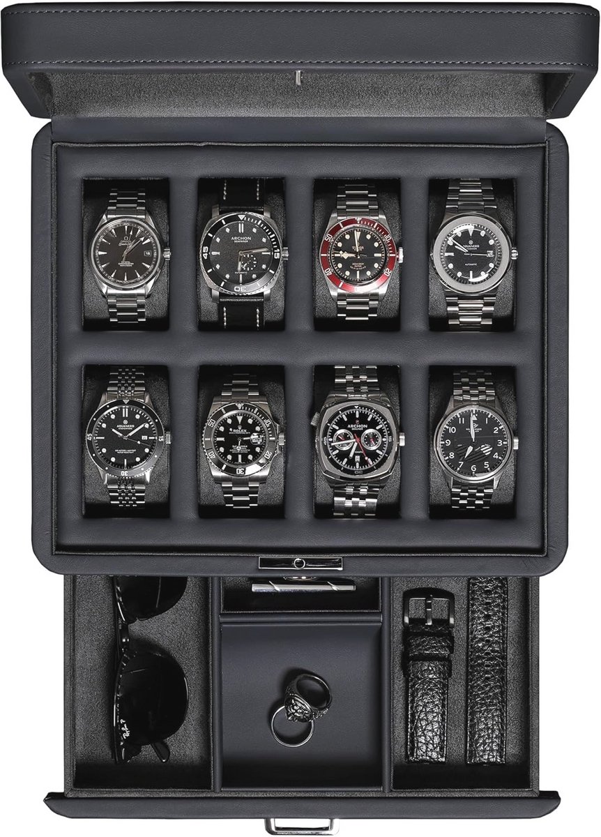 Luxe horlogebox voor 8 horloges met echt glazen deksel en accessoireslade - Carbon
