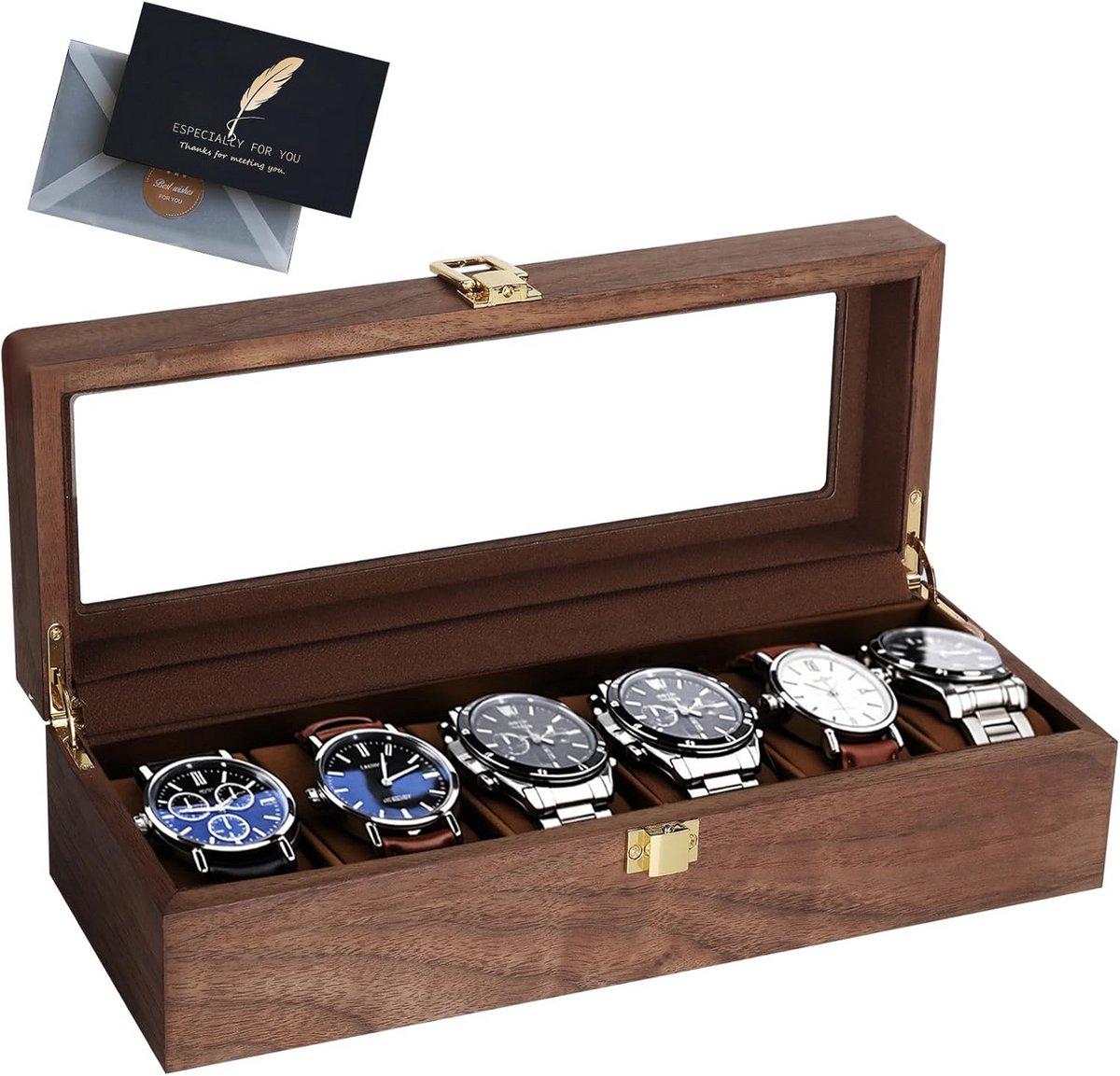 Horlogedoos met 6 Vakken en Glazen Deksel - Houten Horlogekast voor Horlogeopslag