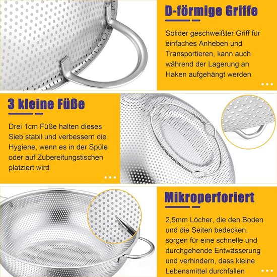 Keukenzeef met handgrepen, roestvrij stalen pastaszeef, zeefmand over
