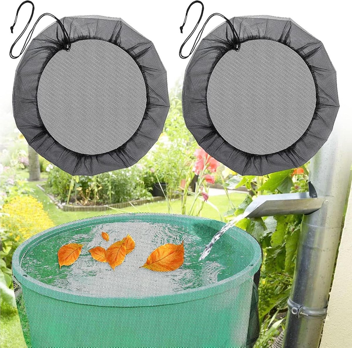 Allecta - 2 stuks Afdekking voor regenton - 60 cm - Net met elastische band - Bladeren, muggen en larven bescherming