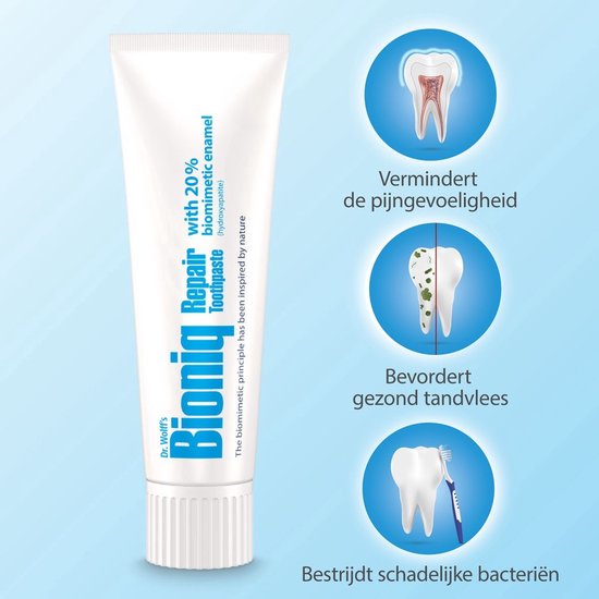 Tube Bioniq Repair tandpasta met illustraties van een tand die pijn vermindert, tandvlees dat gezonder wordt en bacteriën die bestreden worden.
