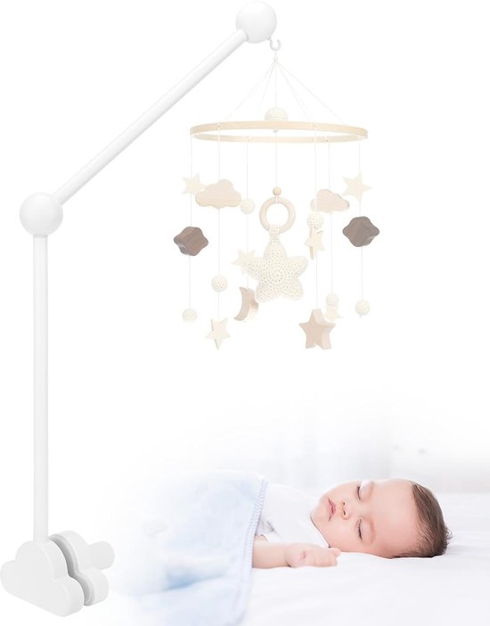 Mobielhouder voor babybedje - Houten wolken ontwerp - Afneembare baby mobielhanger - In hoogte verstelbaar - Voor windgongen, bedbel & babyspeelgoed - Wit