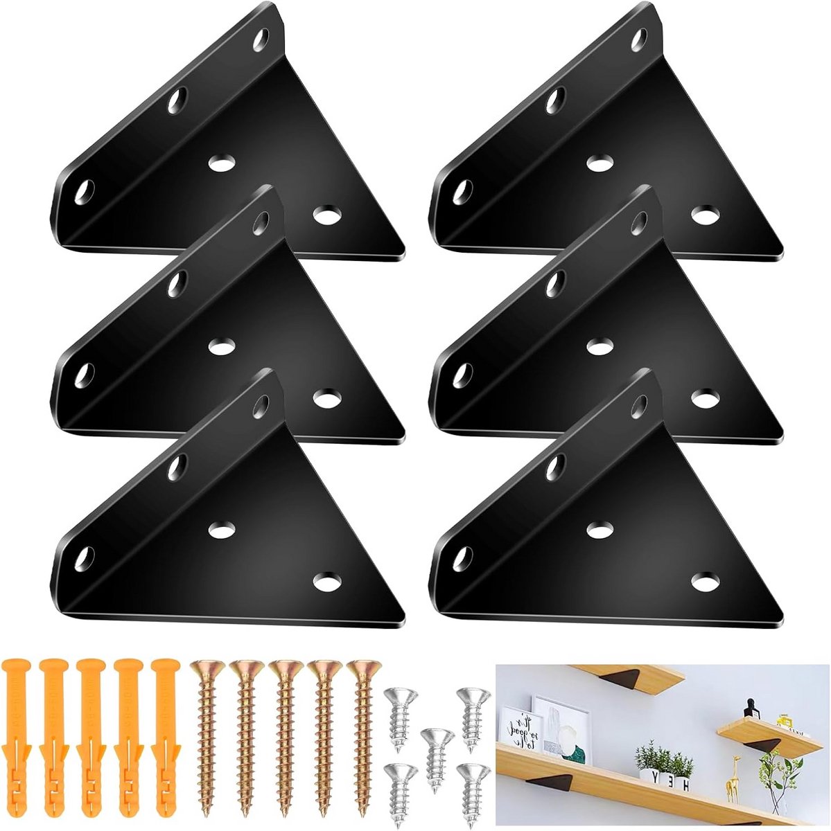 Zwevende Plankhouders - 6 Stuks 80 x 100 mm - Driehoekige Zwarte Wandsteunen voor Planken in Elk Interieur