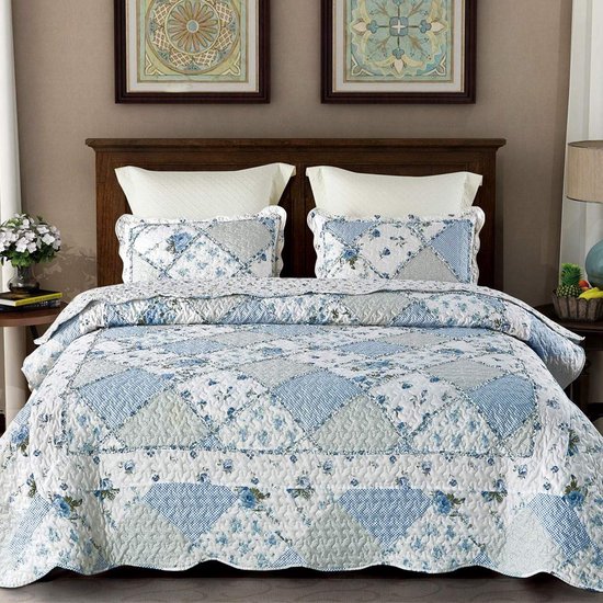 Grote Bedsprei Blauw Patchwork 220x240 cm - Inclusief 2 Kussens - Tweepersoons Dekentextiel