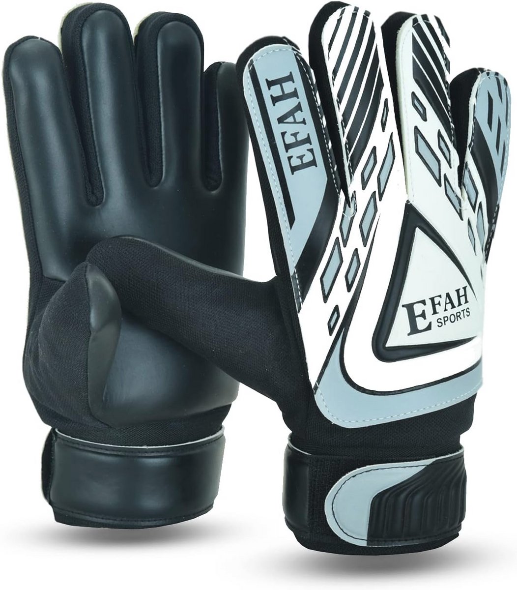 Voetbal Doelman Handschoenen met Fingersave en Dubbele Polsbescherming - Sterke Grip voor Jongens en Kinderen (Maat 4, Geschikt voor 6 tot 9 Jaar, Grijs/Wit)