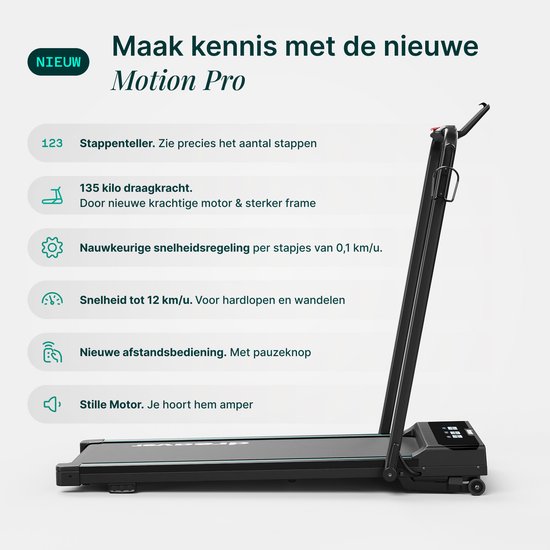 Gedetailleerde foto van de zwarte loopband met de tekst "Motion Pro" en functies zoals "Stappenteller".