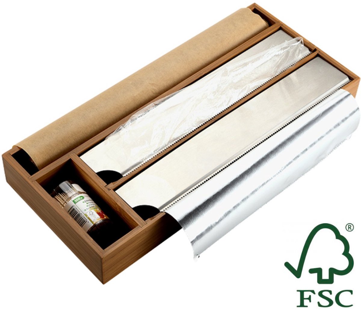 FSC® Keuken Foliedispenser voor 2 Rollen folie - Met 2 opbergvakken - Keuken lade Folie dispenser voor aluminium- & huishoudfolie